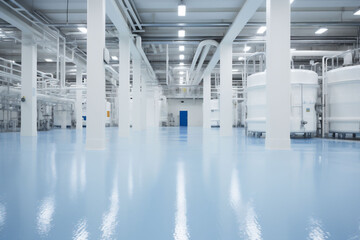 Sterile Factory Interior with White Halls, Cisterns, and Pipes, Ideal for Industries Processing Various Liquids Such as Milk, Oil, Fuel, Juice, Alcohol and Water with Copy Space. High quality photo