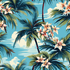 Fototapeta na wymiar Seamless pattern with palm trees and sea. Vector illustration