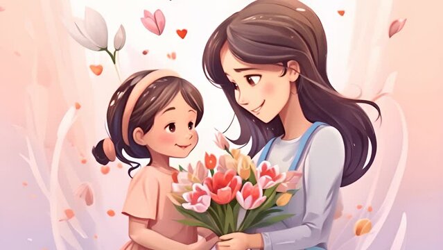 Mother and daughter sharing a flower bouquet.