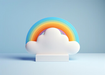 Cloud and rainbow shaped award on podium on pastel background