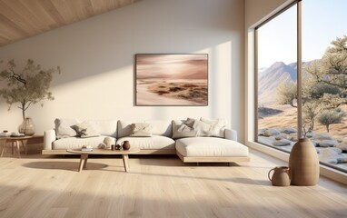 Minimalist Living Room with White Sofa, Wooden Accents, and Mountain View