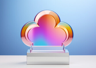 Cloud and rainbow shaped award on podium on pastel background