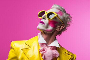 Older aged model, eccentric man in a vibrant costume, wearing makeup, trendy yellow sunglasses, suit and bow tie, on pink background. Concept of strange weird clown, irrational and weird behavior.  - obrazy, fototapety, plakaty