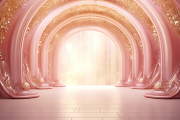 Abstract background with pink balloons and arch. 3D rendering. 3D illustration - obrazy, fototapety, plakaty