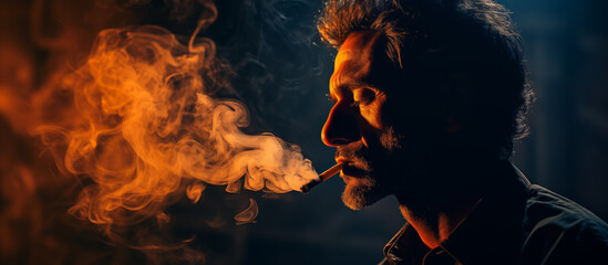 Smoker with a smoking cigarette on a dark background in backlight