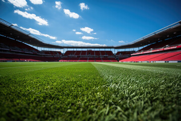 Soccer stadium with green grass and blue sky in sunny day