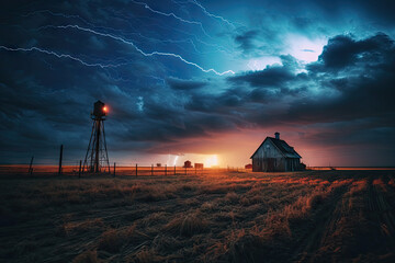 Dramatic stormy sky with lightning in field. Nature background