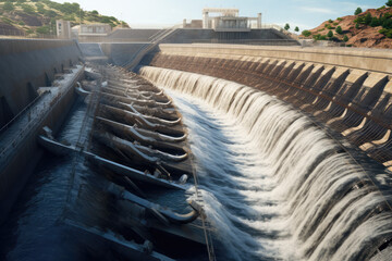 Hydroelectric power station. Water flowing from the dam into the river - obrazy, fototapety, plakaty