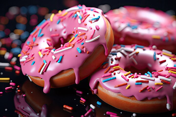 Fototapeta na wymiar Donut with pink glaze and sprinkles on a dark background