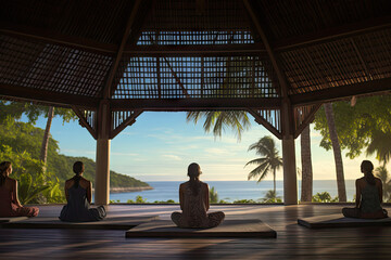 group of women practicing yoga in a tropical environment