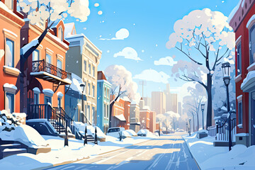 Winter city street with snowflakes. Vector illustration in cartoon style