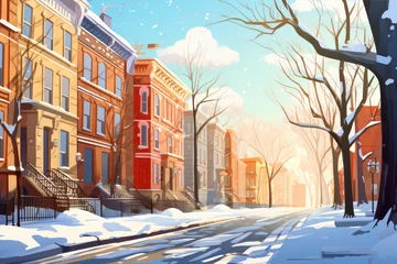 Poster Winter city street with snowflakes. Vector illustration in cartoon style © Kitta