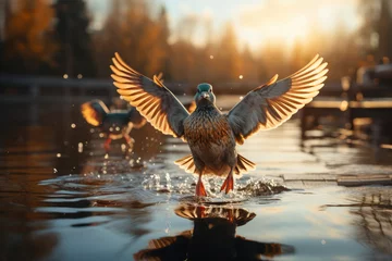 Foto op Plexiglas  pigeons sitting on a wooden pier on a lake at sunset © Kitta