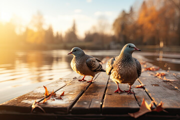 Two pigeons sitting on a wooden pier on a lake at sunset