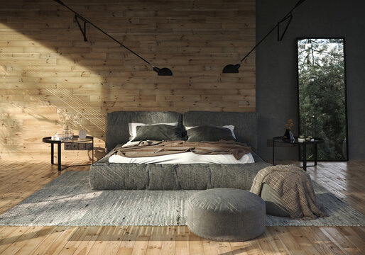 visualization of the interior of a modern bedroom in a wooden house
