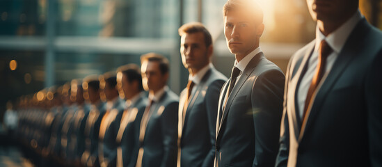 A group of men in business suits are waiting for a job interview