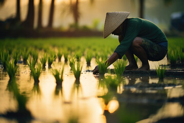 Asia farmers transplant rice seedlings in rice field
