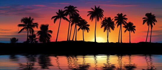 Palm tree silhouettes by the sea at dawn or dusk.