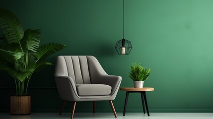 A 3d rendering of a living room that is located inside and has an armchair on a dark green wall.