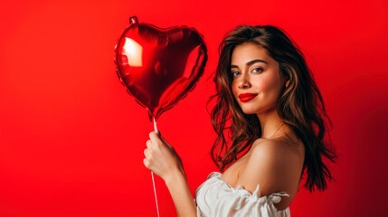 woman holding balloon heart shaped portrait - Powered by Adobe