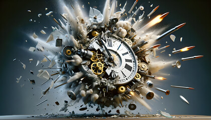  Clock is breaking by bullet of the gun, the clock explode with glass, bad time management in business concept.. - obrazy, fototapety, plakaty