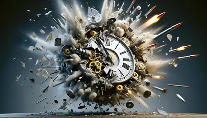 Fotobehang  Clock is breaking by bullet of the gun, the clock explode with glass, bad time management in business concept.. © vanilnilnilla