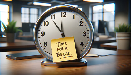 clock in an office setting, accompanied by  note with the handwritten text “time for a break,”
