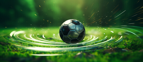 Soccer ball in energy field on green background