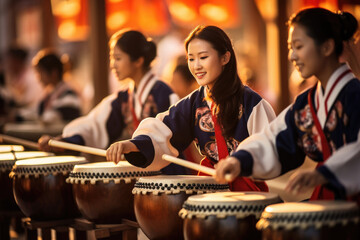 Group of women playing drums in traditional korean festival