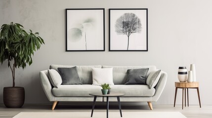 A grey couch and photo frames are used in the interior design.