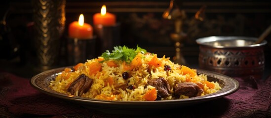 Ramadan's traditional food: Pilaf plov, a spiced rice dish with meat, and halal meals for Eid al-Fitr table setting.