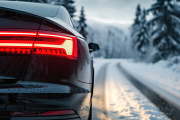 Closeup taillights with red light of modern black car on country road in winter day - obrazy, fototapety, plakaty