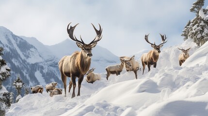 A mountain covered in snow is being climbed by a group of elks.