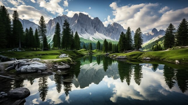 A horizontal image of the prags lake in the fanessennsprags nature park, situated in south tyrole