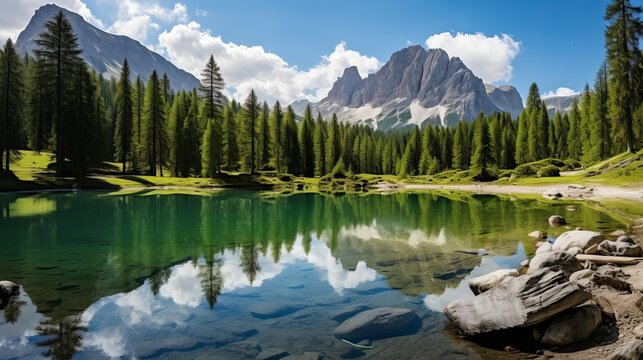 A horizontal image of the prags lake in the fanessennsprags nature park, situated in south tyrole