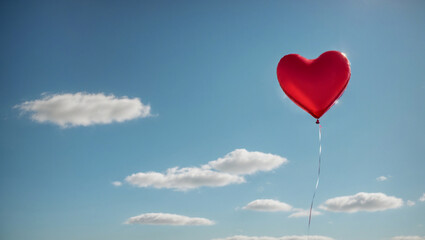 Love in motion. A single red heart-shaped balloon floating gracefully against a clear, blue sky. Minimal Valentine's Day and love concept. With copy space.