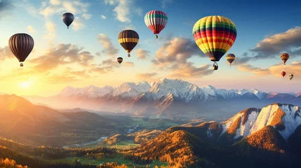 Gordijnen A picture of hot air balloons flying high above a mountain valley. © Elchin Abilov