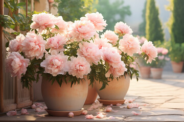 Obraz na płótnie Canvas a collection of peach fuzz Peonies in a ceramic pot, beautiful peach fuzz Peonies flower. color of the year 2024