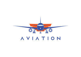 Air Plane Company Logo Design Vector. Airline Logo with a Plane and Orange Sunshine Rays. Aviation business Creative logo design Template. Aeroplane, Aircraft icon or sign or symbol for Travel Agency.