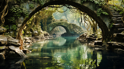 an arch bridge flowing through a forest