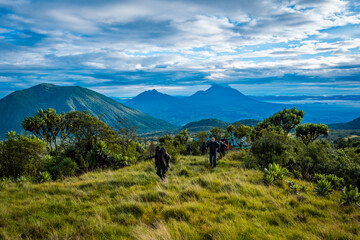 Range of Rwandan volcanoes Bisoke, Sabyinyo, Gahinga and Muhabura while hiking up Karisimbi volcano, Rwanda