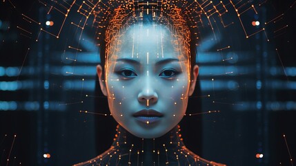 Asian female face with matrix digital numbers, dots, links. Digital screen with a virtual reality woman. Robotic wired head.