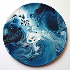 A blue and white plate with bubbles on it. Acrylic pour, fluid art Circular wall art piece