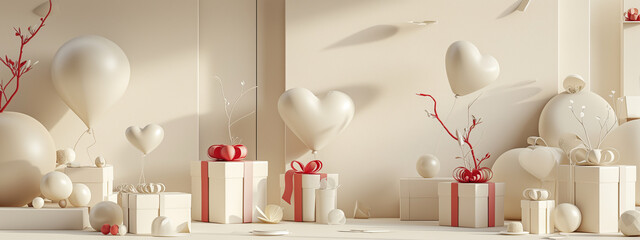 Whimsical Valentine’s Display, Heart Balloons and Wrapped Presents in Monochrome, Love Celebration Concept, Serene Ambience.