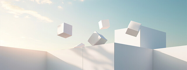 Serene Ascension, Geometric Simplicity, Cubes Rising against Sky, Minimalist Calm, Conceptual Purity, Open Sky. - obrazy, fototapety, plakaty