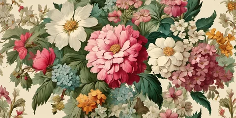 Rolgordijnen Illustration of many large colored flowers of different types and green leaves on light background. Generative AI © Aleksei Solovev
