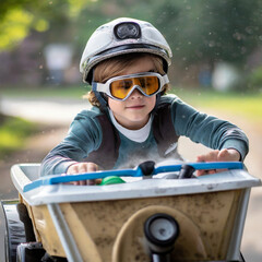 Junge mit Helm und Schutzbrille rast ein einer Seifenkiste