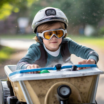 Junge mit Helm und Schutzbrille rast ein einer Seifenkiste