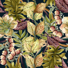 Flower botanical seamless repeat pattern. Garden greenery and foliage leaves