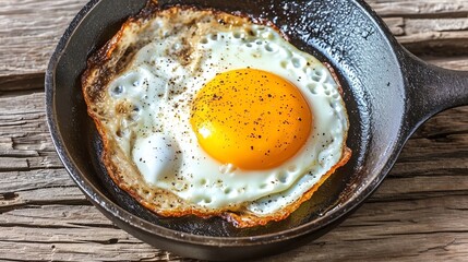 Fried egg on a frying pan.